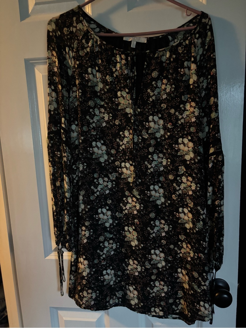 Wayf Black Floral Long Sleeve Tunic with Cream Accents
